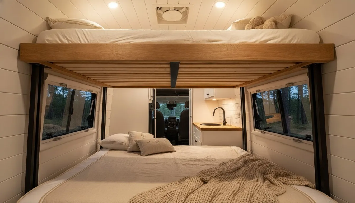 Concept rendering: the table lowered into a large bed, with the upper bunk lowered above it on its lift rails, warm evening light
